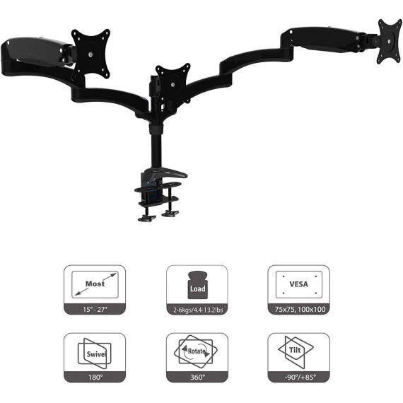 HFTEK ® – Monitorhalterung für drei Bildschirme von 15 bis 27 Zoll (DS137SB)