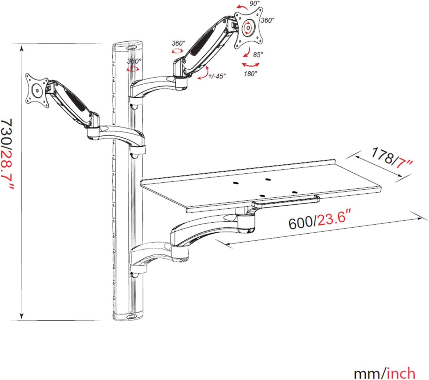 HFTEK® – Wandhalterung für zwei Bildschirme mit Tastaturablage (FY22WS) – Bild 2