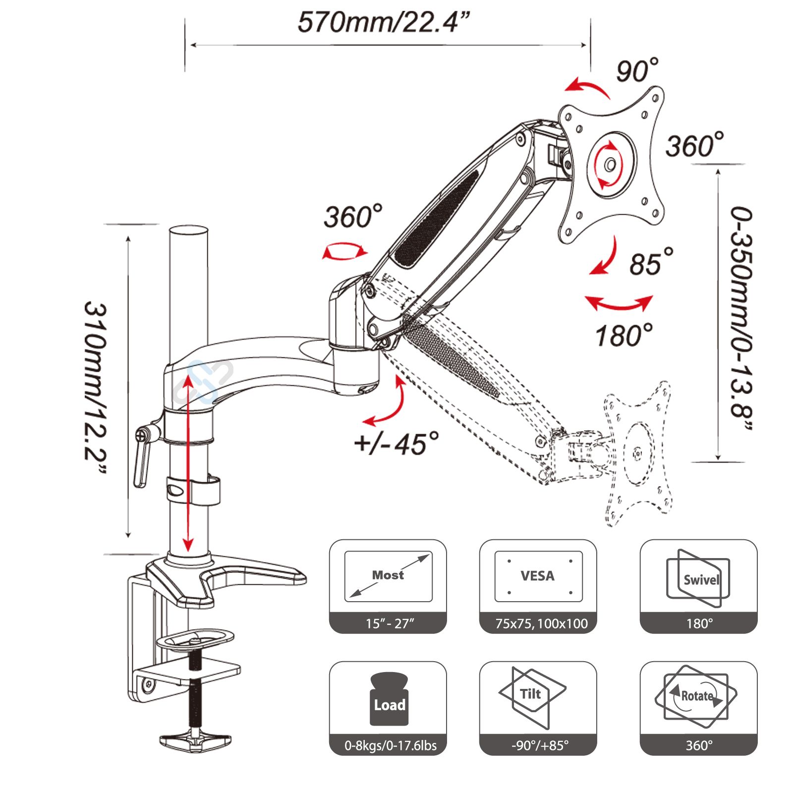 HFTEK® – Monitorarm für einen Bildschirm bis 8kg GM112DB / GM112DW – Bild 3
