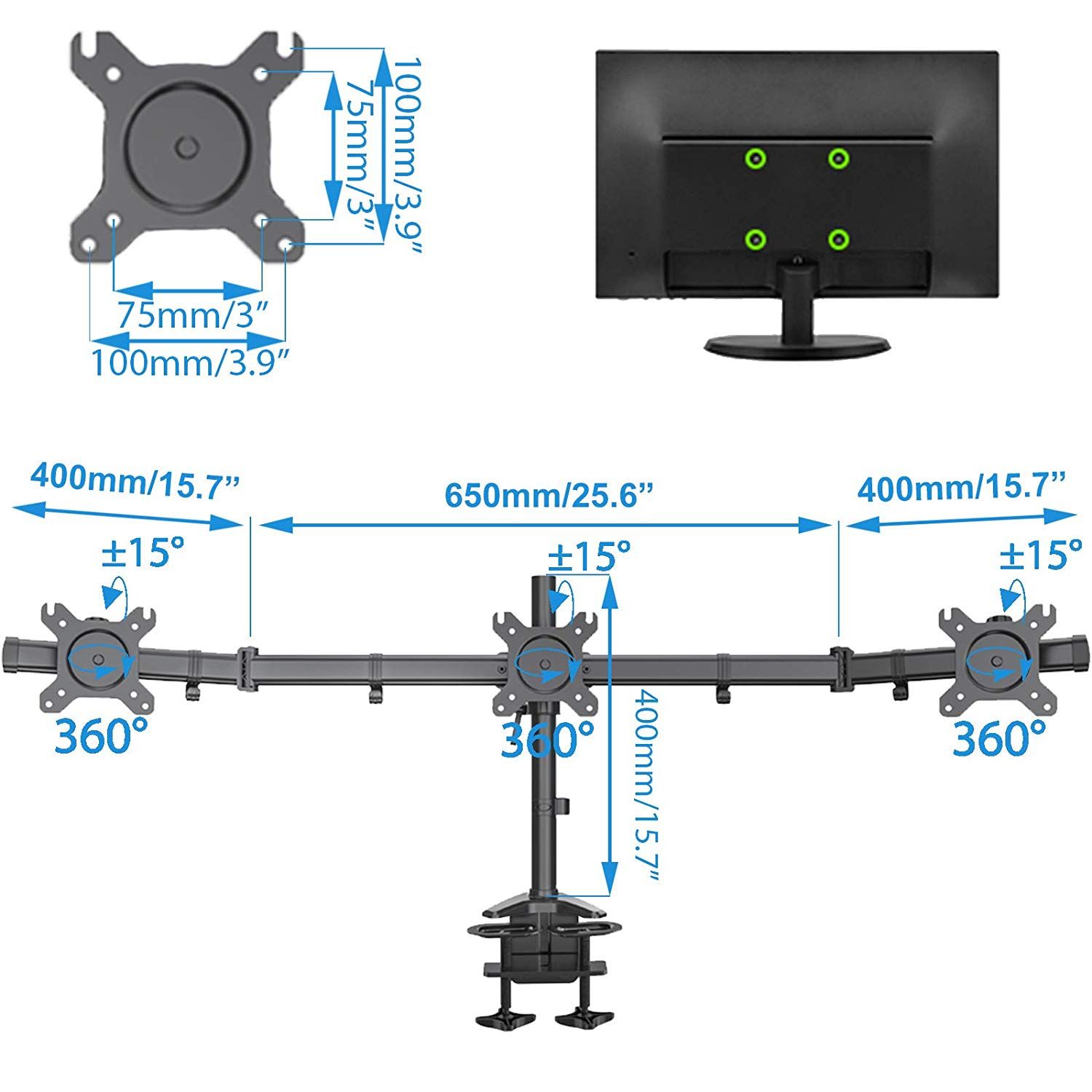 HFTEK® – Tischhalterung für 3 Bildschirme von 15 bis 27 Zoll (HF330C) – Bild 2