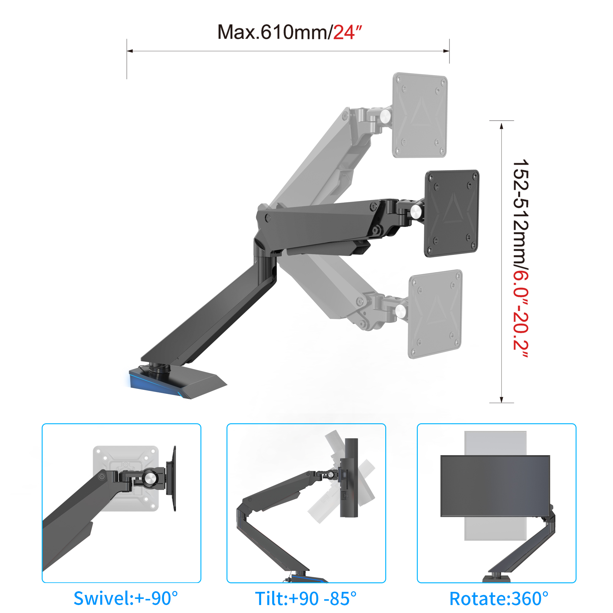 HFTEK® – Ergonomischer Einzelmonitorarm bis 34 Zoll und 8kg (HF24G02) – Bild 4